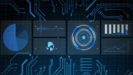 Animation-of-scopes-scanning,-statistics-recording-and-data-processing-over-blue-background