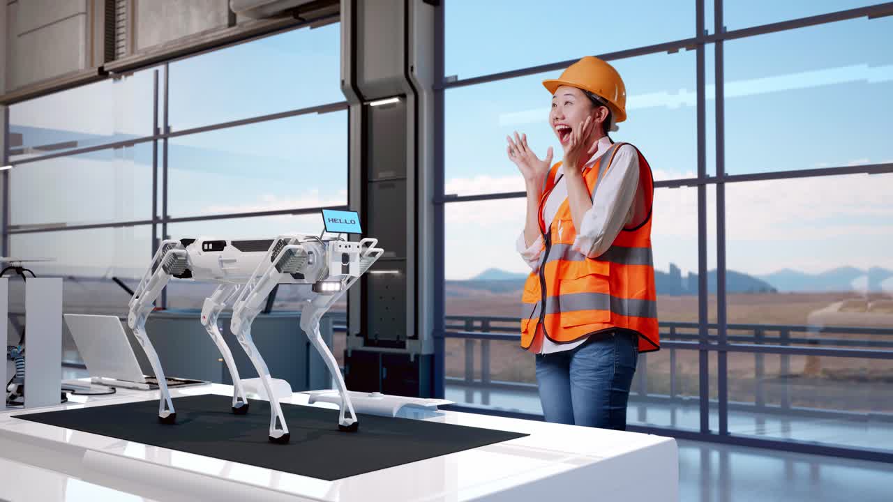vista lateral completa del cuerpo de una ingeniera asiática con casco de seguridad sonriendo a la cámara y diciendo wow mientras está de pie en una fábrica de alta tecnología, analizando el concepto de máquina robótica