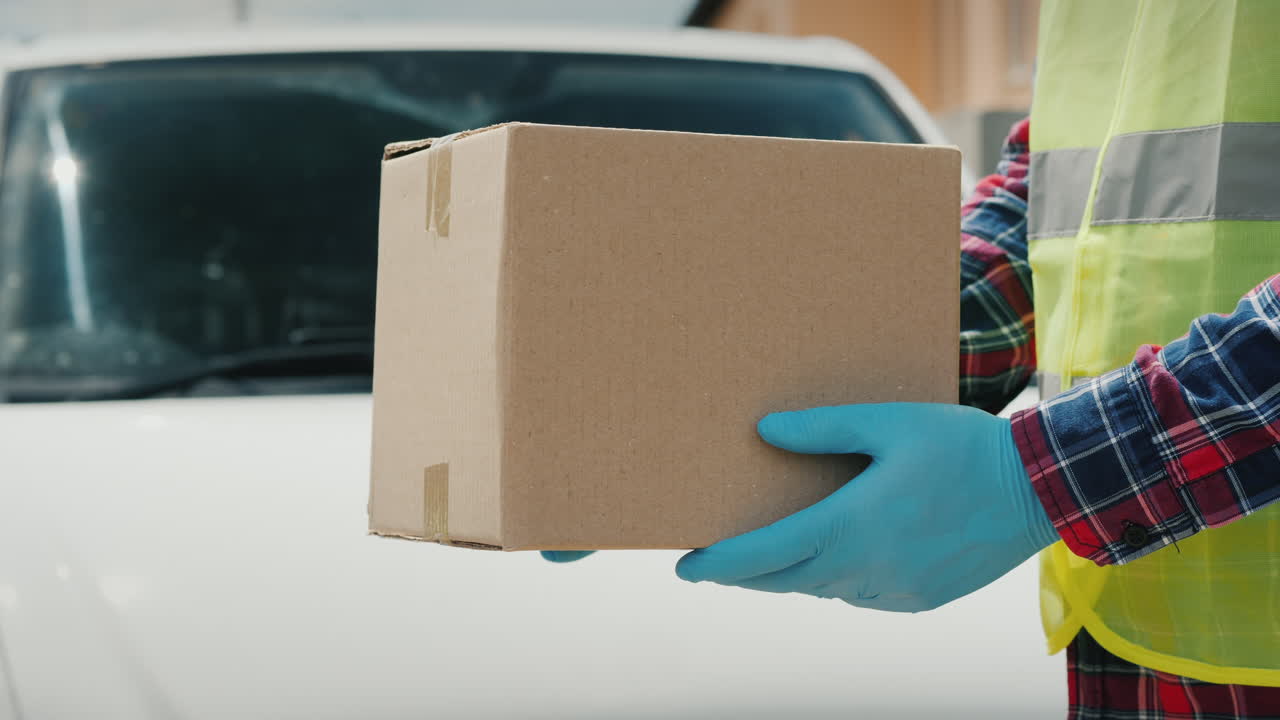 un mensajero en uniforme sostiene un paquete contra el fondo de una camioneta blanca