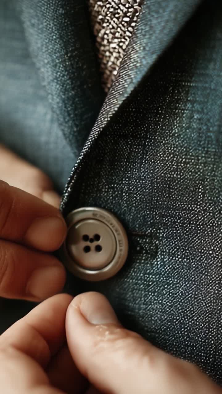 Close-Up of a Tailored Men's Suit with Focus on Button Fastening and Elegant Fabric Texture Highlighting Attention to Detail in Fashion Design and Personal Style