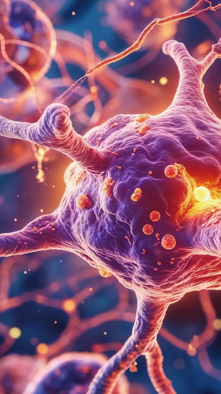 Vertical video: Neuron branching dendrites sending impulse down axon releasing vesicles in network