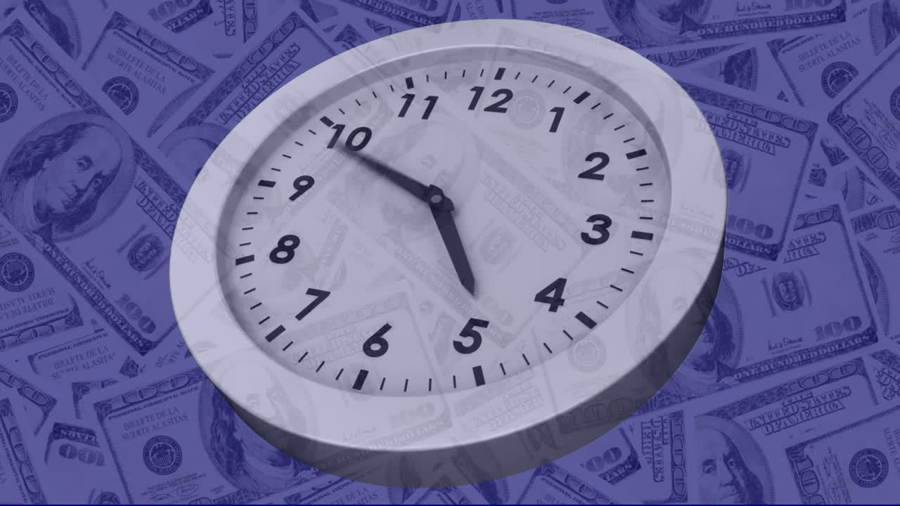 animación digital del reloj haciendo tictac frente a billetes de dólares estadounidenses en el fondo