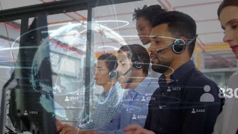 Animation-of-globe-and-data-processing-over-business-people-wearing-phone-headsets