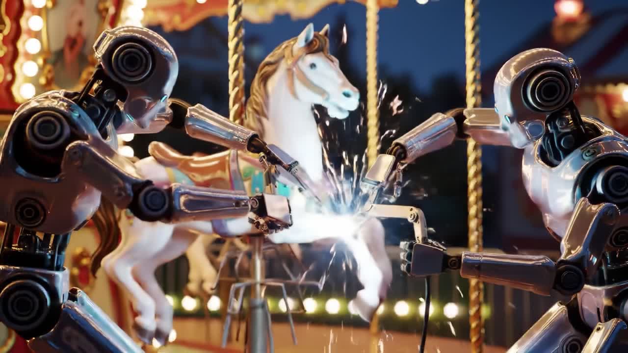 An Engaging Duel Between Two Robots Sparks Excitement at the Carousel, Highlighting Futuristic Technology and the Magic of Playful Interactions in a Whimsical Setting