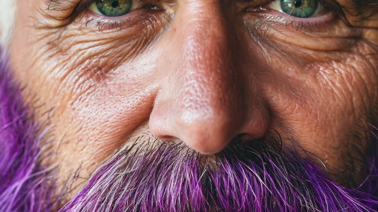 Mature man with silvery gray hair sporting vibrant purple dyed beard and mustache, presenting confident neutral facial expression while maintaining direct camera gaze during studio portrait session