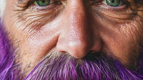mature man with silvery gray hair sporting vibrant purple dyed beard and mustache, presenting confident neutral facial expression while maintaining direct camera gaze during studio portrait session