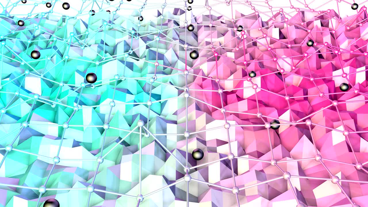 baja superficie polimétrica 3d con cuadrícula o malla voladora y esferas negras como paisaje. bajo fondo polimétrico suave de polígonos rojos y azules puros.