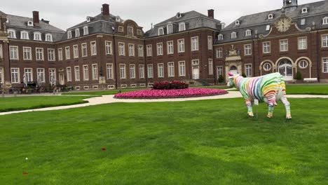 Toma-Panorámica-Del-Edificio-Del-Castillo-Alemán-En-Nordkirchen-Con-Obras-De-Arte-De-Vaca-En-El-Campo-De-Hierba,-Alemania