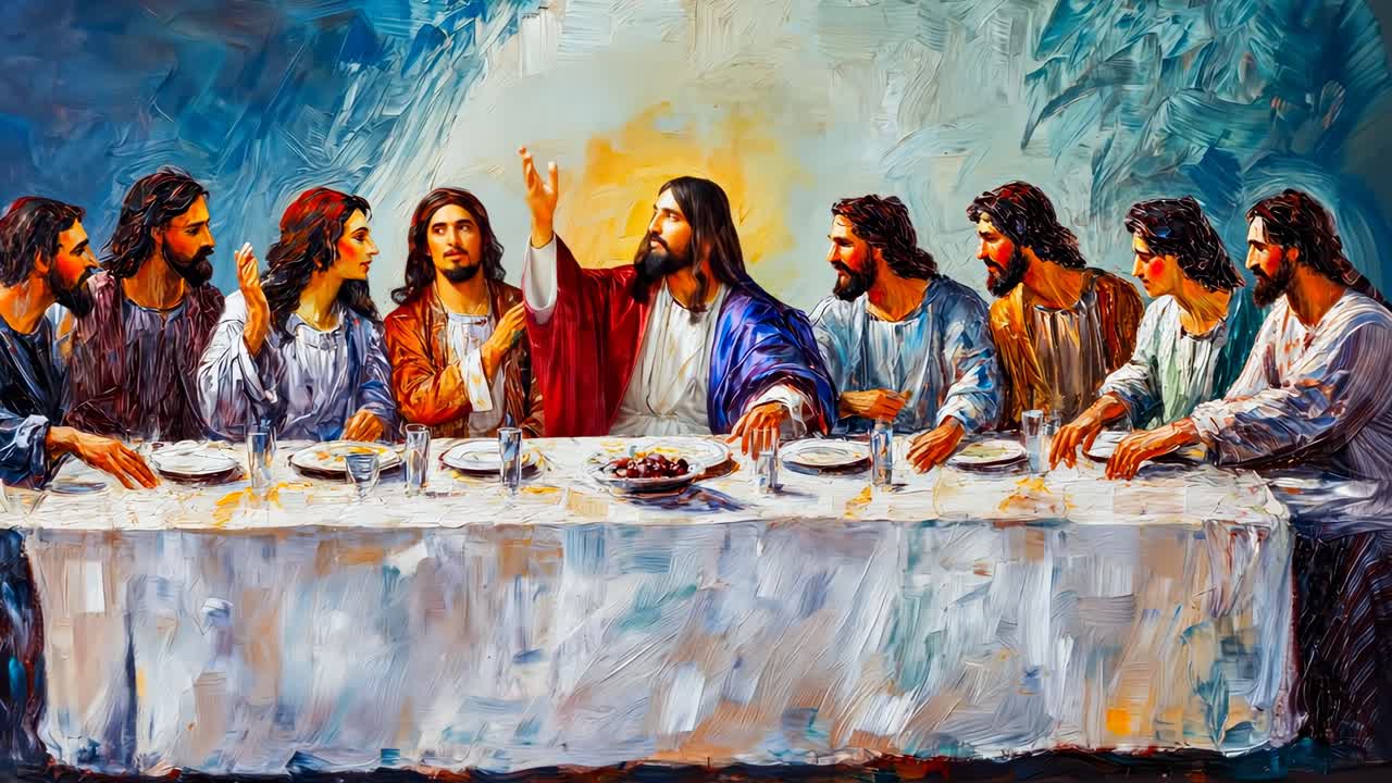 Oil painting style depicting a famous biblical scene, captured from a straight-on angle