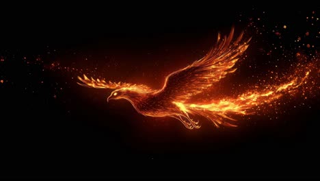 a dynamic side-angle view of a fiery phoenix in flight against a dark backdrop, evoking a sense