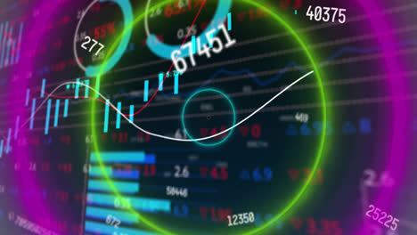 animación de formas circulares de neón en un patrón sin costuras sobre el procesamiento de datos estadísticos del mercado de valores