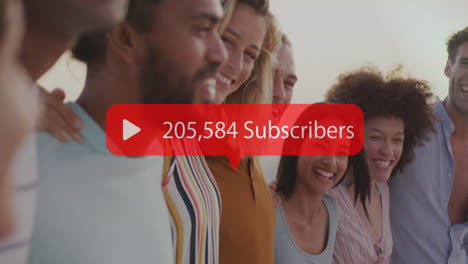 animation of speech bubble over subscribers text and numbers over friends on beach