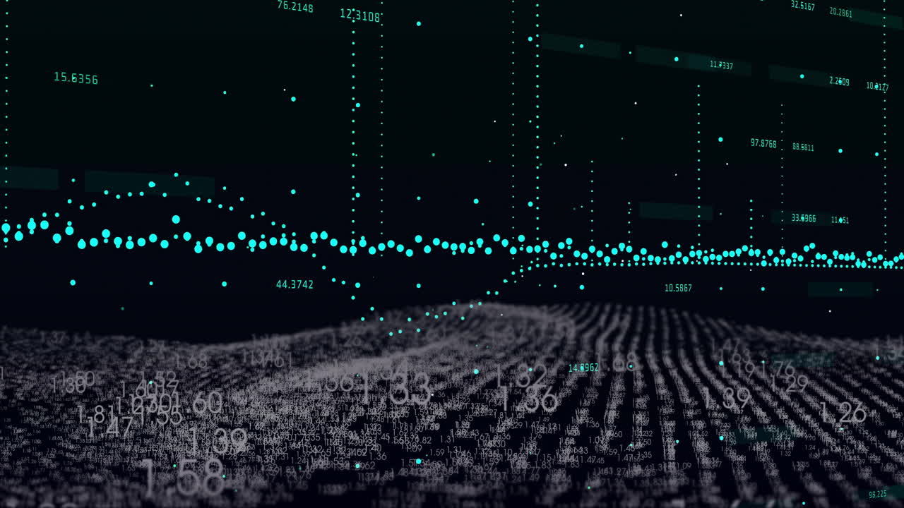 Animation of financial data processing over dark background