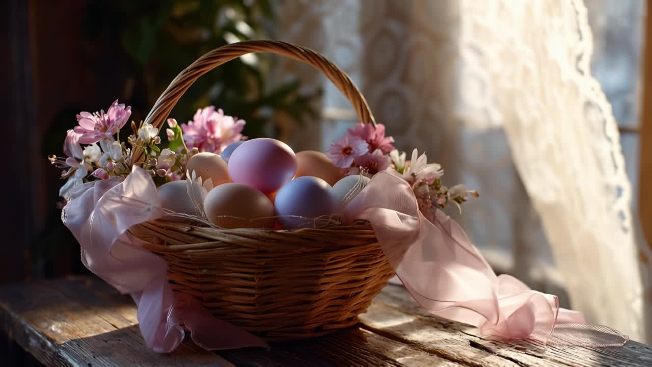 Soft light filters through lace curtains. Pastel eggs rest in a woven basket. Pink ribbons and blossoms frame the scene. Warm tones evoke springtime serenity. Ideal for Easter, seasonal