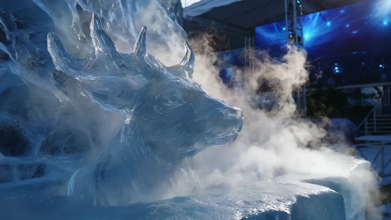 A Stunning Ice Sculpture of a Majestic Deer Head Captivating Viewers with Its Transparent Features, Intricate Details, and Ethereal Mist Creating a Magical Ambiance at a Winter Festival Display