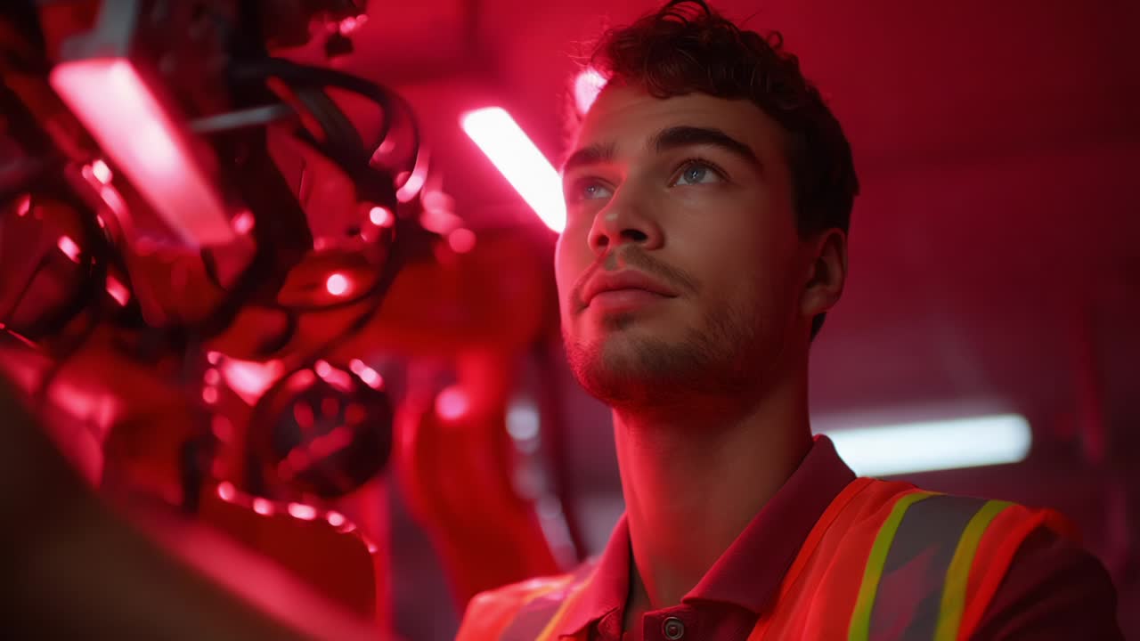 A focused technician interacts with advanced robotics in a red-lit environment, showcasing the fusion of human expertise and machine technology in an innovative workspace dedicated to automation