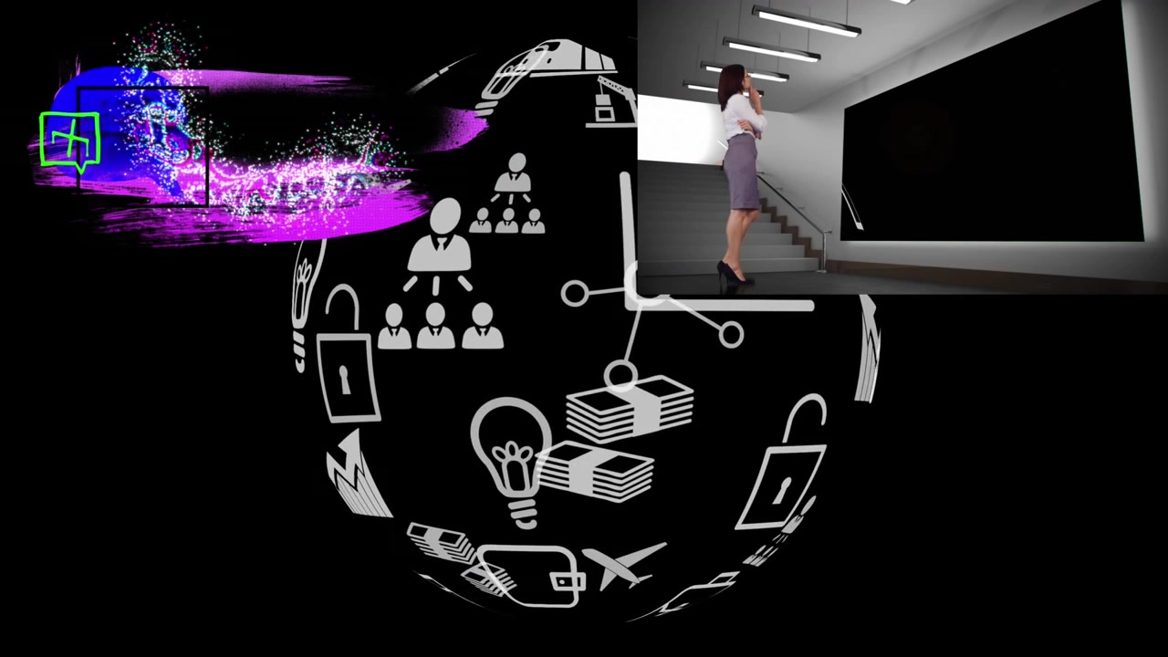 Businesswoman Standing in Modern Office Hallway with Digital Graphics