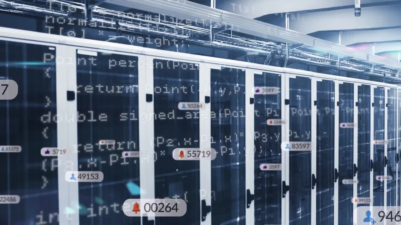 Animation of data processing and media icons over server room