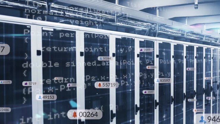 Animation of data processing and media icons over server room