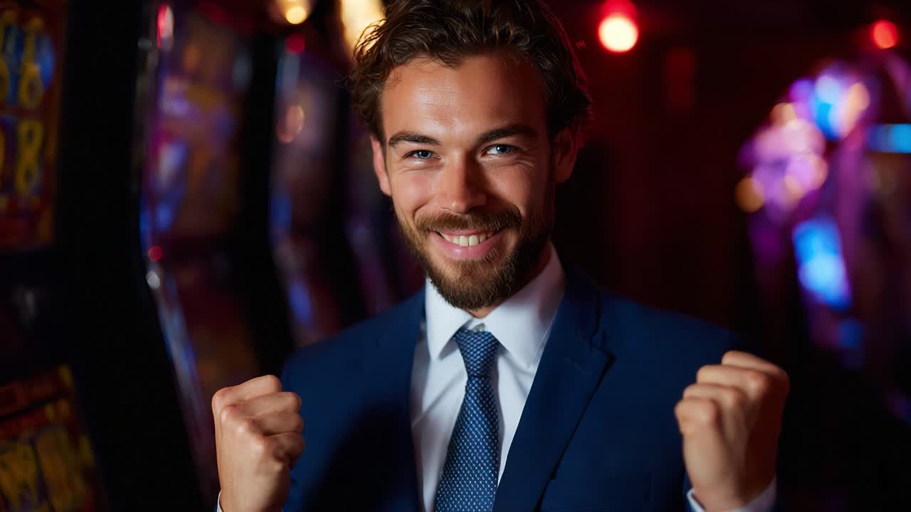 Emoción y alegría capturadas: un joven seguro de sí mismo celebra su éxito en un casino con una sonrisa triunfal y un gesto entusiasta en el ambiente de juego