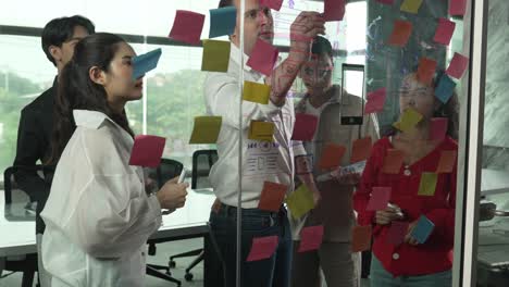 business team brainstorming marketing idea by using sticky notes. manipulator.