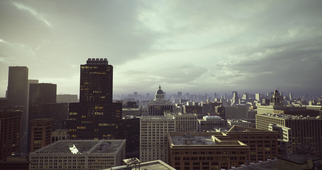 Nighttime city skyline featuring towering shadows and vibrant lights