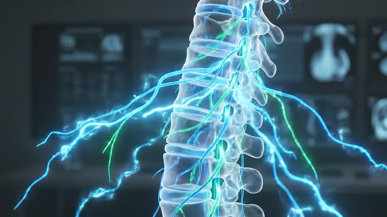 Sistema nervoso umano con colonna vertebrale e connessioni neurali illuminate in una rappresentazione anatomica medica avanzata.