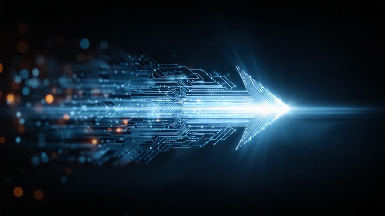 A Dynamic Arrow Illustrating Fast Motion and Technological Progression Through Bright Particles and Circuitry Patterns Representing Innovation and Digital Transformation