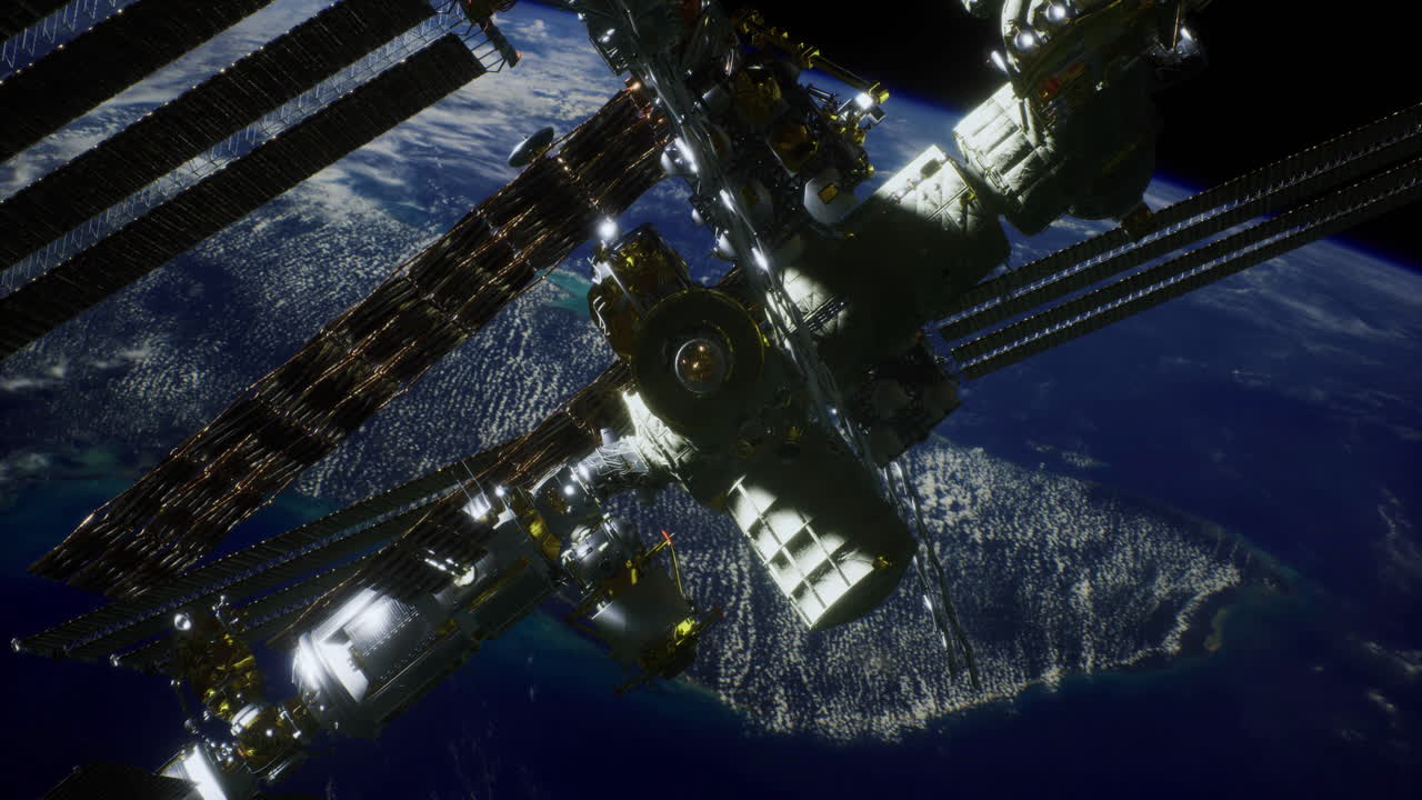 View of the international space station orbiting earth at night