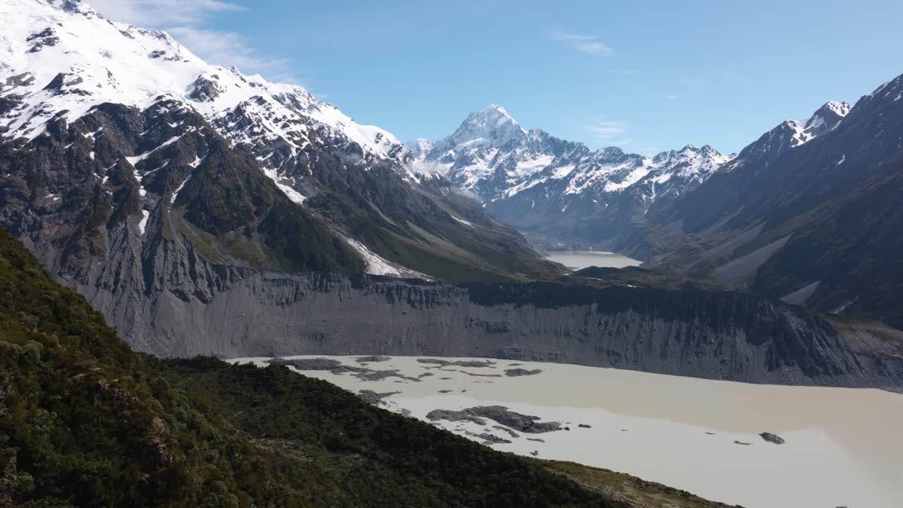 Wide view from Sealy Tarns viewpoint of mountains, Mount Cook, Hooker Lake and Mueller Lake on a clear sunny summer day in Mount Cook National Park, New Zealand.