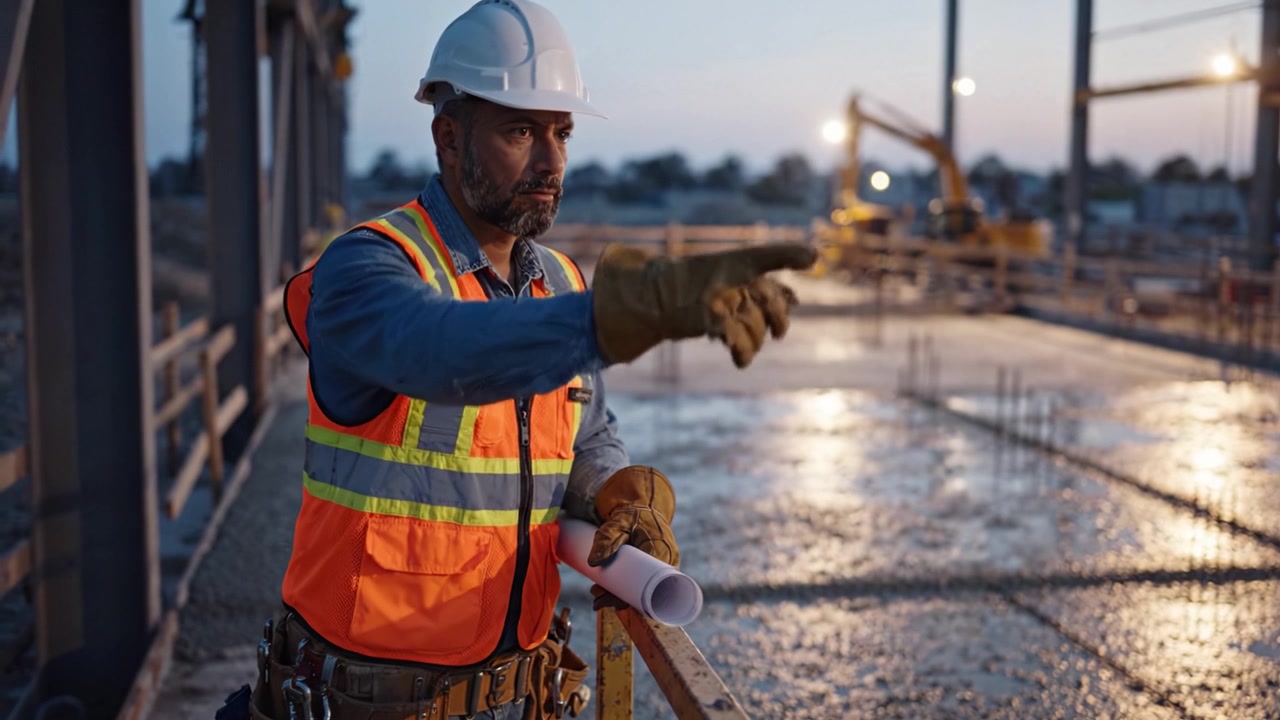 A construction worker in a safety vest and hard hat reflects on his plans, with a job site illuminated by machinery and twilight in the background.