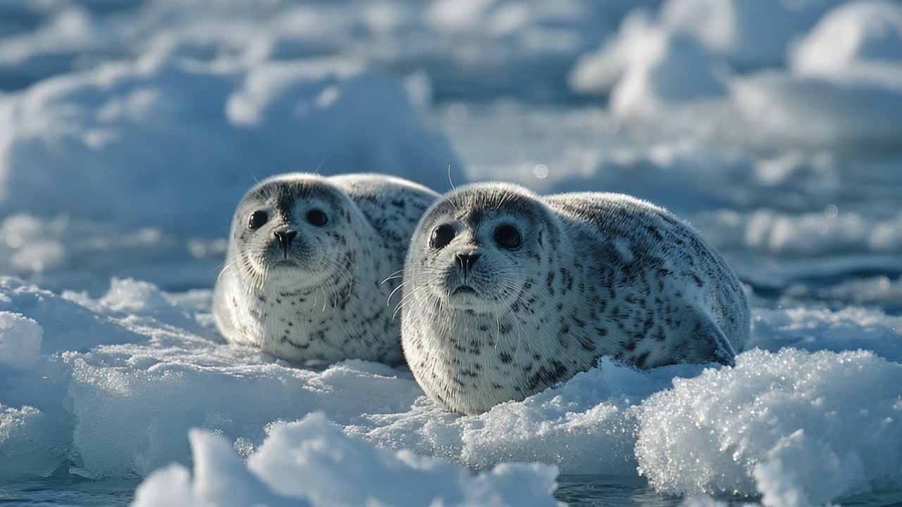 Et par sæler, der hviler sig på is i et frostklart miljø og indfanger deres naturlige adfærd midt i det glaciale landskab og roen i deres habitat