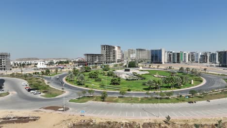 Aerial-View-Of-Sindh-Square-Roundabout-In-Bahria-Town,-Karachi