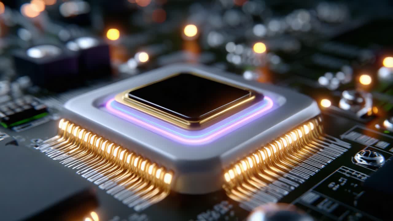 Captivating Close-Up View of a Modern Integrated Circuit on a Circuit Board, Highlighting the Intricate Patterns and Advanced Technology Embedded in the Chip Design