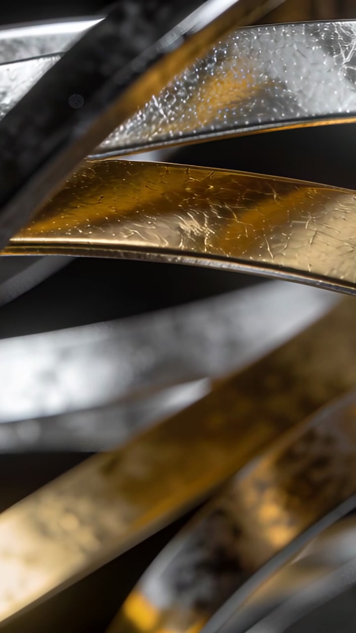 Vertical video: Camera moving over gold silver ribbons, revealing textured finish for design