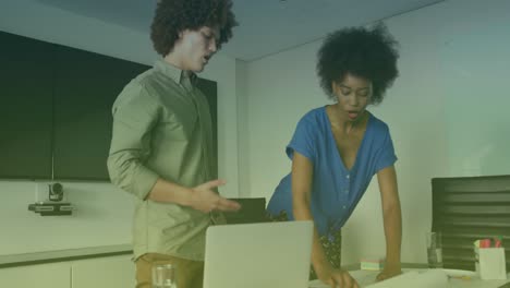 Animation of two diverse business people talking in office
