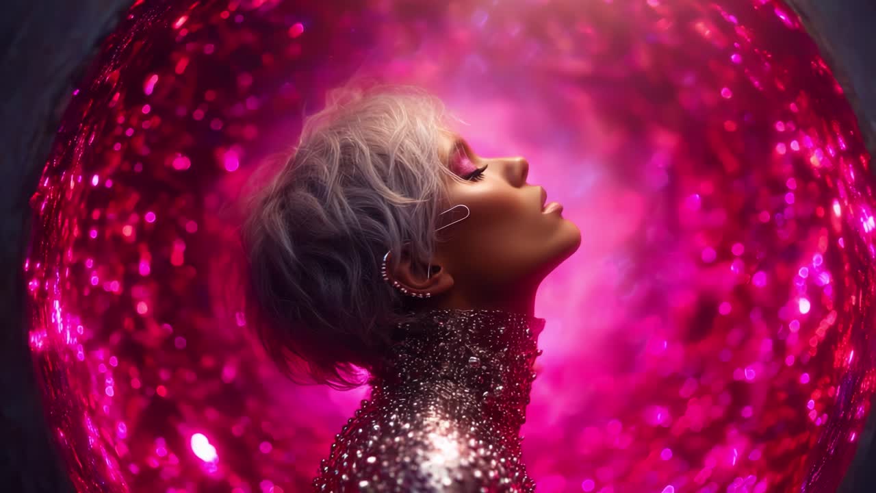 Un'esplorazione affascinante di bellezza ed espressione personale, con un primo piano di una persona elegante immersa in uno sfondo rosa vivace e scintillante che cattura l'attenzione di chi guarda