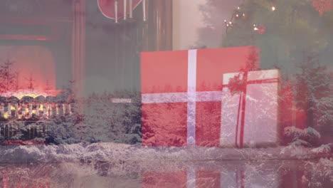 animation of christmas presents over winter scenery with fir trees