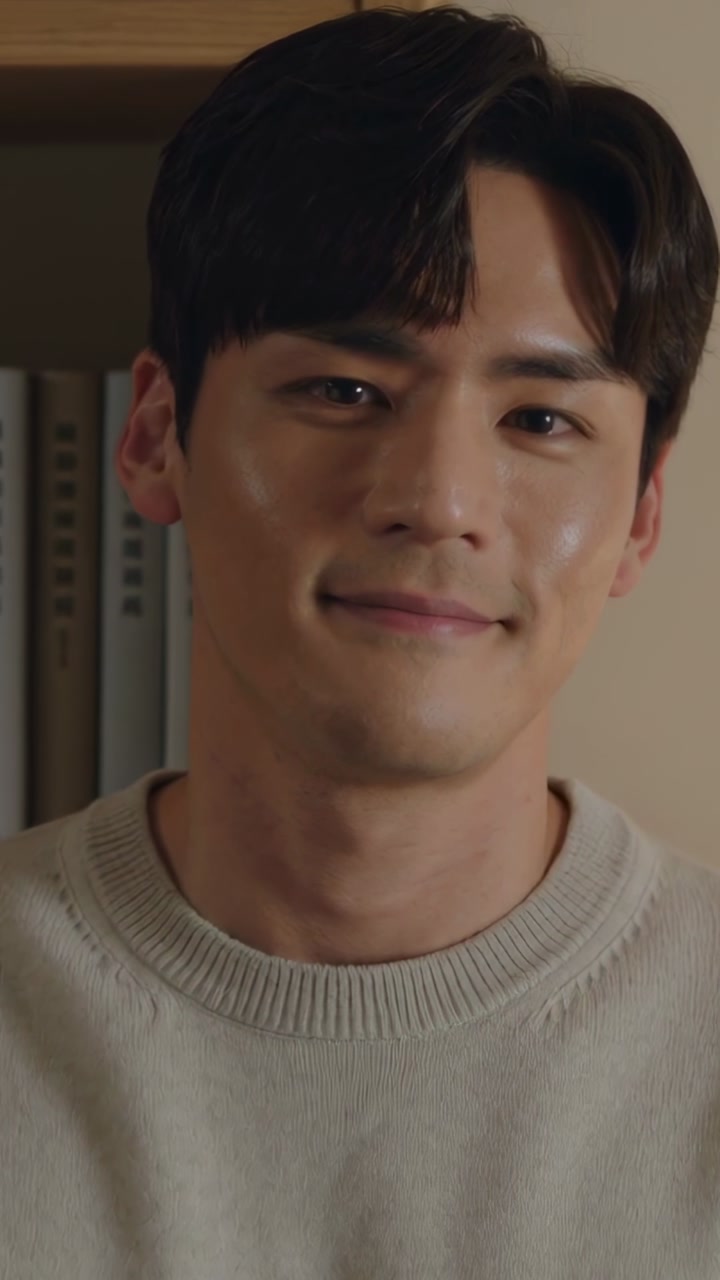 Vertical video: Smiling man softening as warm light draws smile at home with bookshelf and sweater