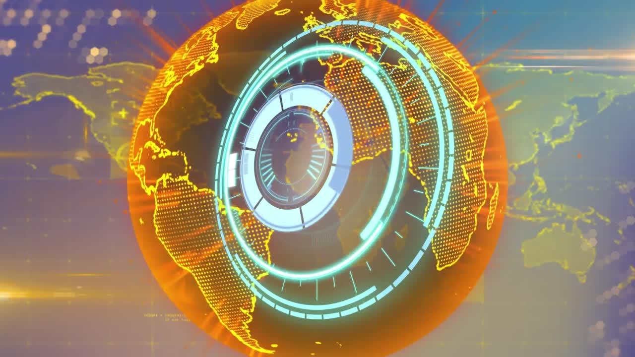 Animação de cadeado de segurança sobre rede global amarela brilhante e dados em fundo azul.