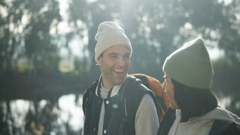 Woman,-man-or-walking-hug-in-camping-nature