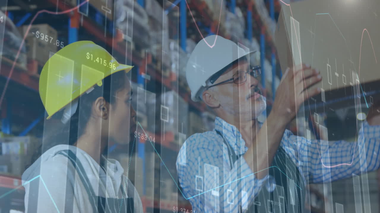 animación de estadísticas y procesamiento de datos financieros sobre hombres y mujeres que trabajan en almacenes