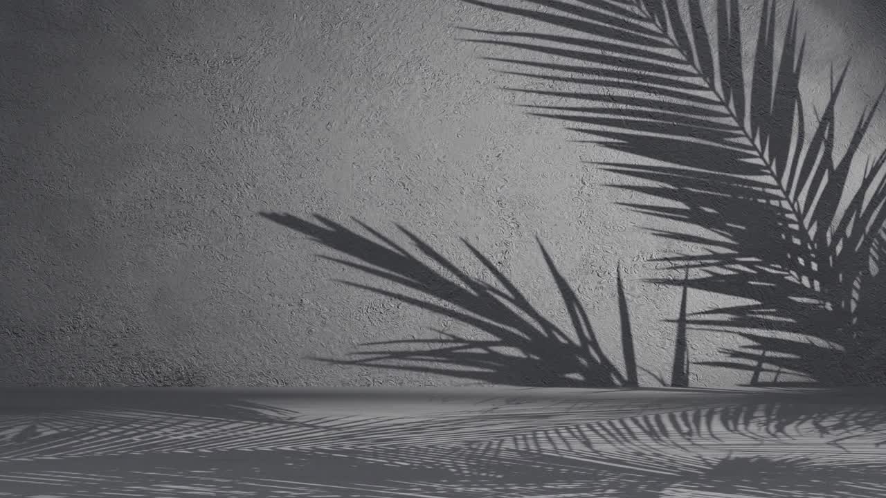 a palm leaves shadow on black background wall with copy space