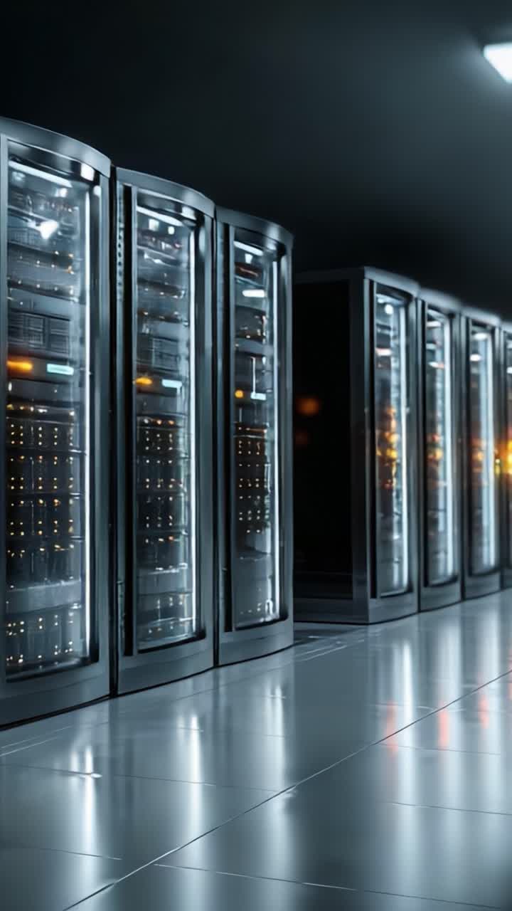 Exploring a Modern Data Center: A Futuristic View of Row After Row of Sleek, High-Tech Server Racks Displaying their Advanced Design and Efficient Cooling Solutions