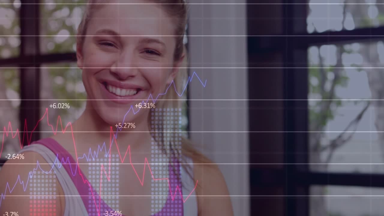 Female warming up while moving in, camera moving closer causing fitness charts fading over barre