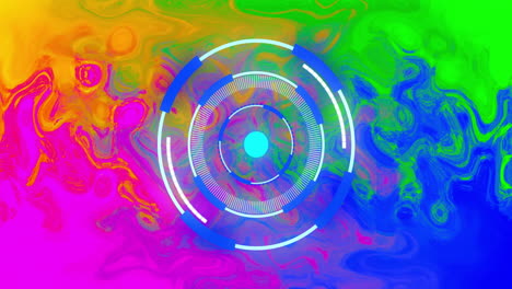 circular digital interface over vibrant, colorful abstract animation background