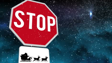 digital animation of santa claus in sleigh being pulled by reindeers and stop text on signboard