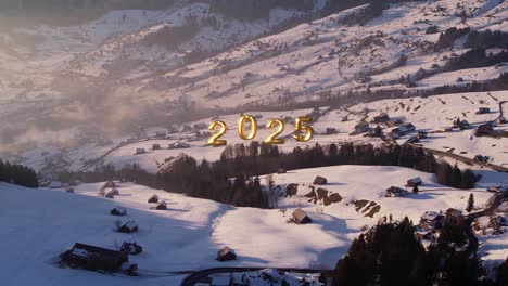 flying over amden mountain valley region with golden 2025 new year numbers