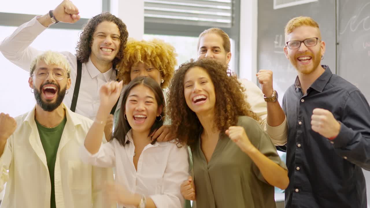 Team of coworkers celebrating raising fist and looking at camera