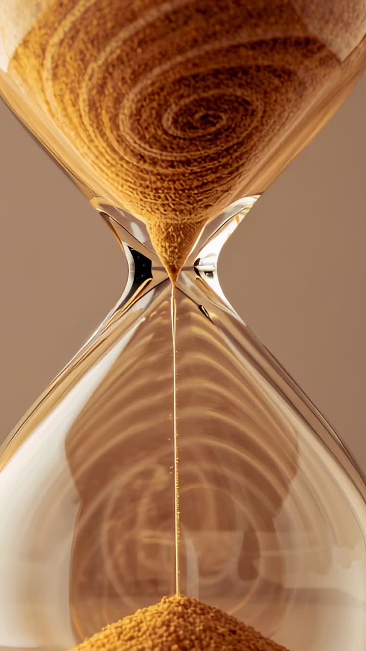 Vertical video: Pouring after flip clear glass hourglass timing in studio, amber spiral filling